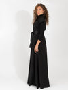 Black Sleeveless Maxi Dress With Button Front, Collared Neckline, And Satin Waist Tie