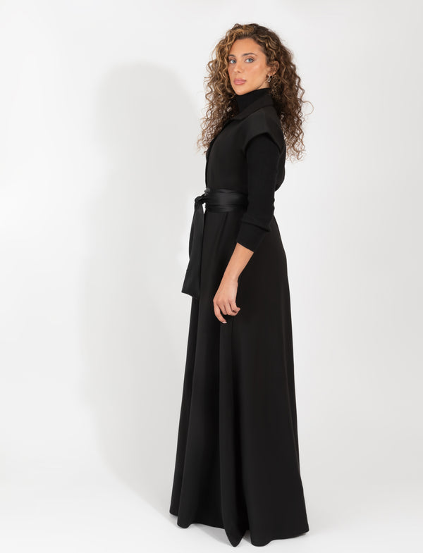 Black Sleeveless Maxi Dress With Button Front, Collared Neckline, And Satin Waist Tie