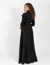 Black Sleeveless Maxi Dress With Button Front, Collared Neckline, And Satin Waist Tie
