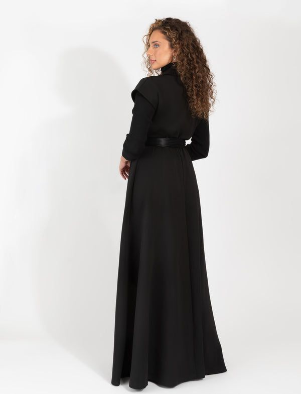Black Sleeveless Maxi Dress With Button Front, Collared Neckline, And Satin Waist Tie