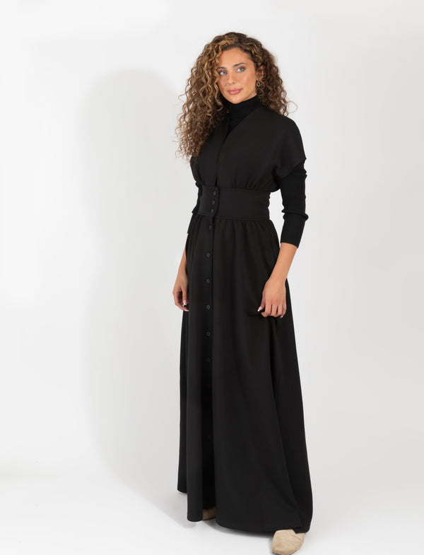 Black Maxi Robe With Buttons And Waistband