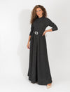 Long Sleeve Black Metallic Maxi Dress With Subtle Sparkle And Flowing Skirt