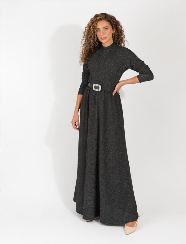 Long Sleeve Black Metallic Maxi Dress With Subtle Sparkle And Flowing Skirt