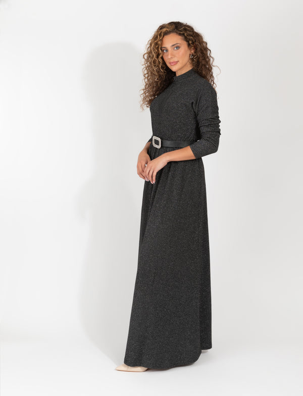 Long Sleeve Black Metallic Maxi Dress With Subtle Sparkle And Flowing Skirt
