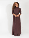 Long Sleeve Burgundy Metallic Maxi Dress With Subtle Sparkle And Flowing Skirt