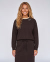 Chocolate-brown crewneck sweatshirt with small chest logo, ribbed cuffs and hem