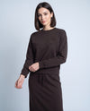 Brown crewneck sweatshirt with front patch pocket and long sleeves