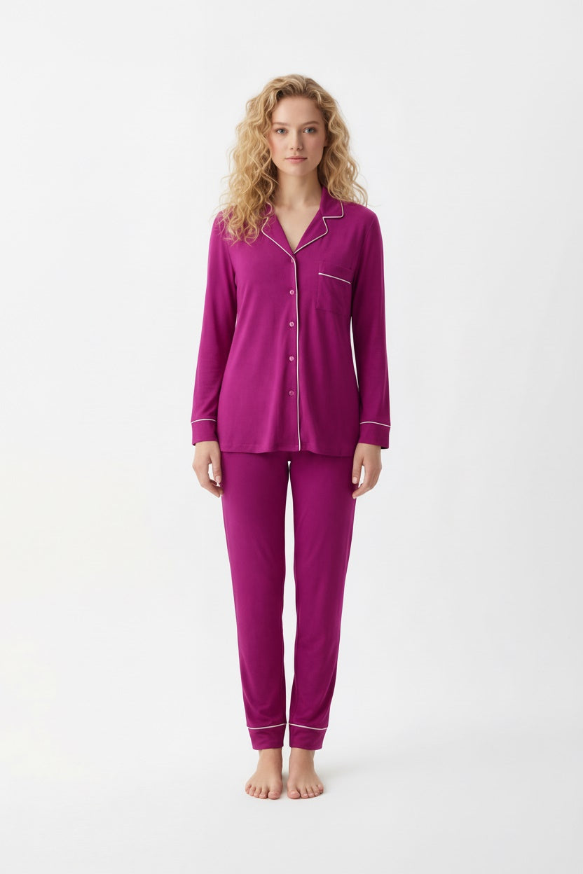 Satin-Trimmed, Soft Button-Front Pajama Set With Pocket