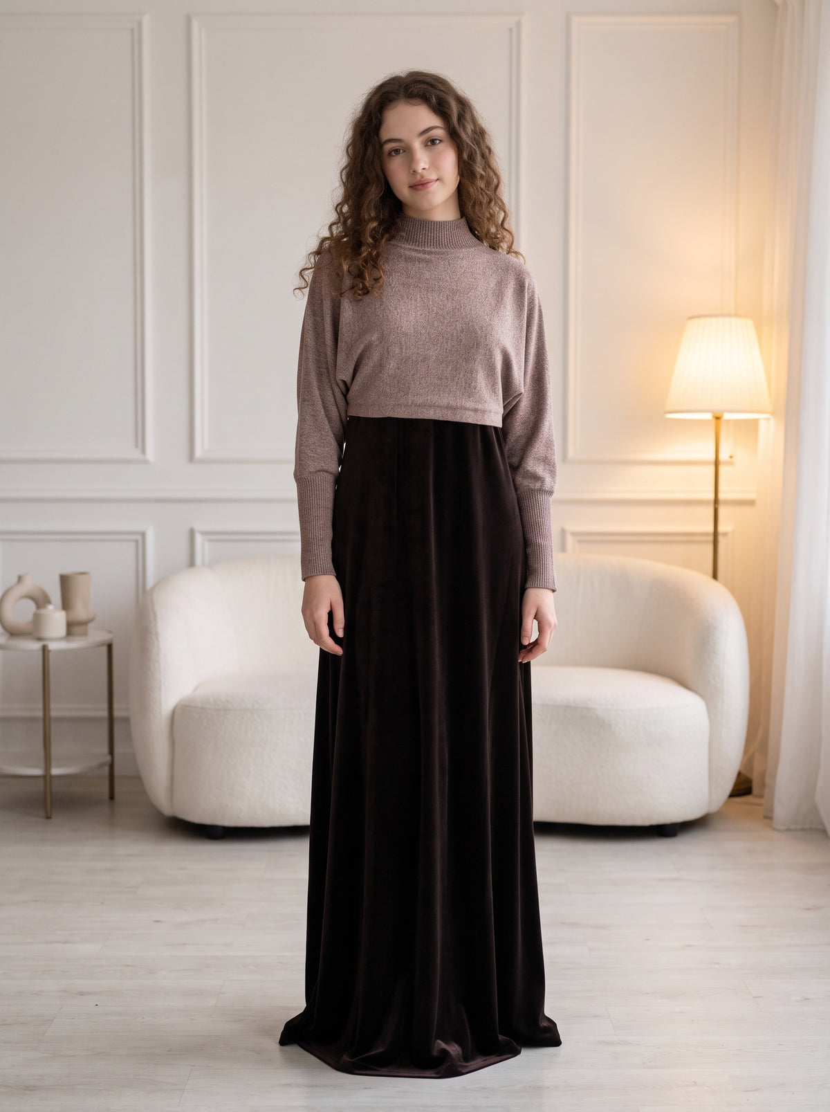 Mocha Knit Top & Velvet Jumper 2-Piece Set