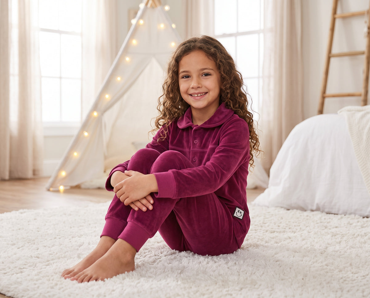 Deep Fuchsia Velvet Polo 2-Piece Pajama Set