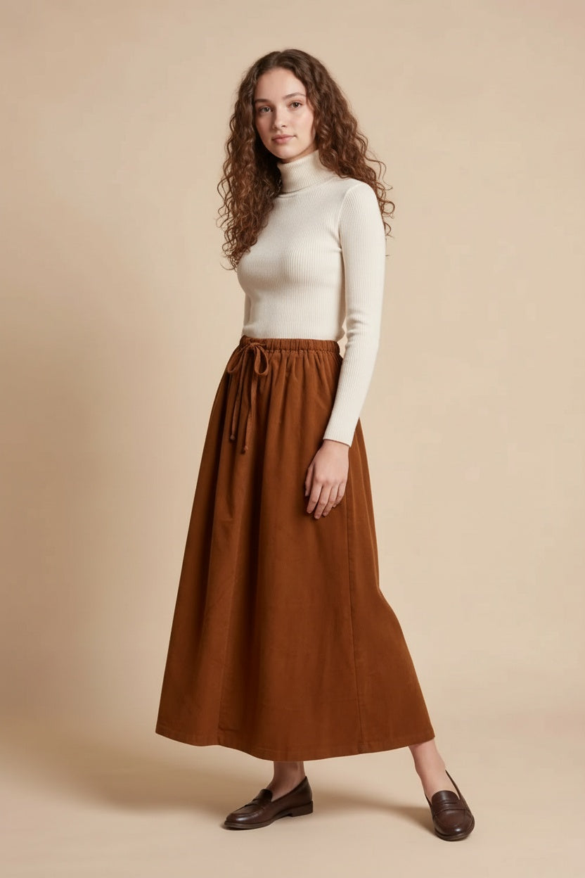 Caramel corduroy maxi skirt with drawstring waist, A-line silhouette