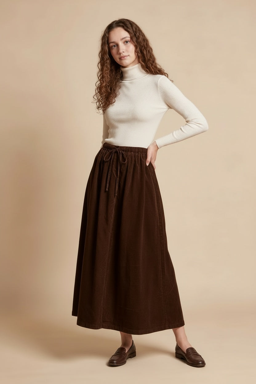 Chocolate-brown corduroy maxi skirt with drawstring waist and full gathered silhouette