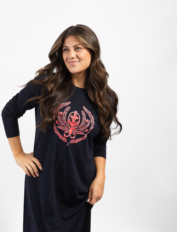 Pull On Nightgown with Crest Motif Navy Pink