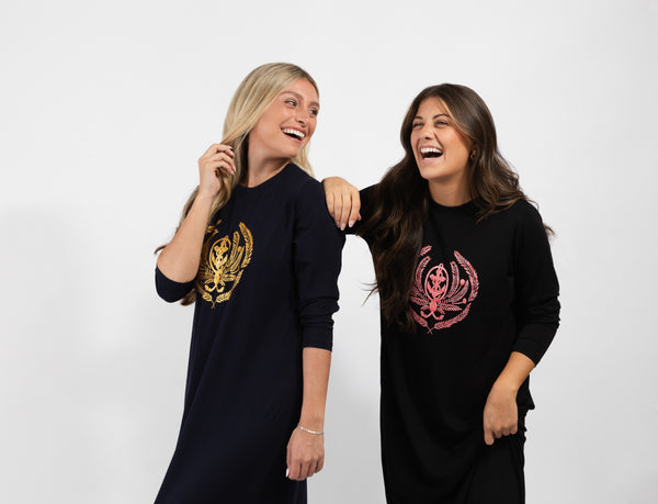 Pull On Nightgown with Crest Motif Black Gold