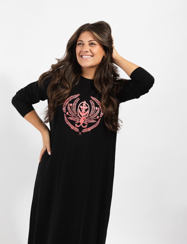 Pull On Nightgown with Crest Motif Black Pink