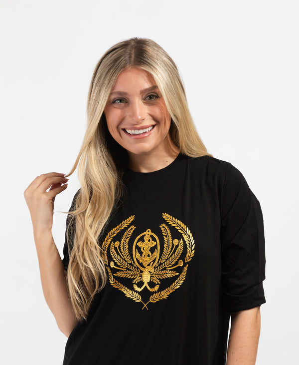 Pull On Nightgown with Crest Motif Black Gold