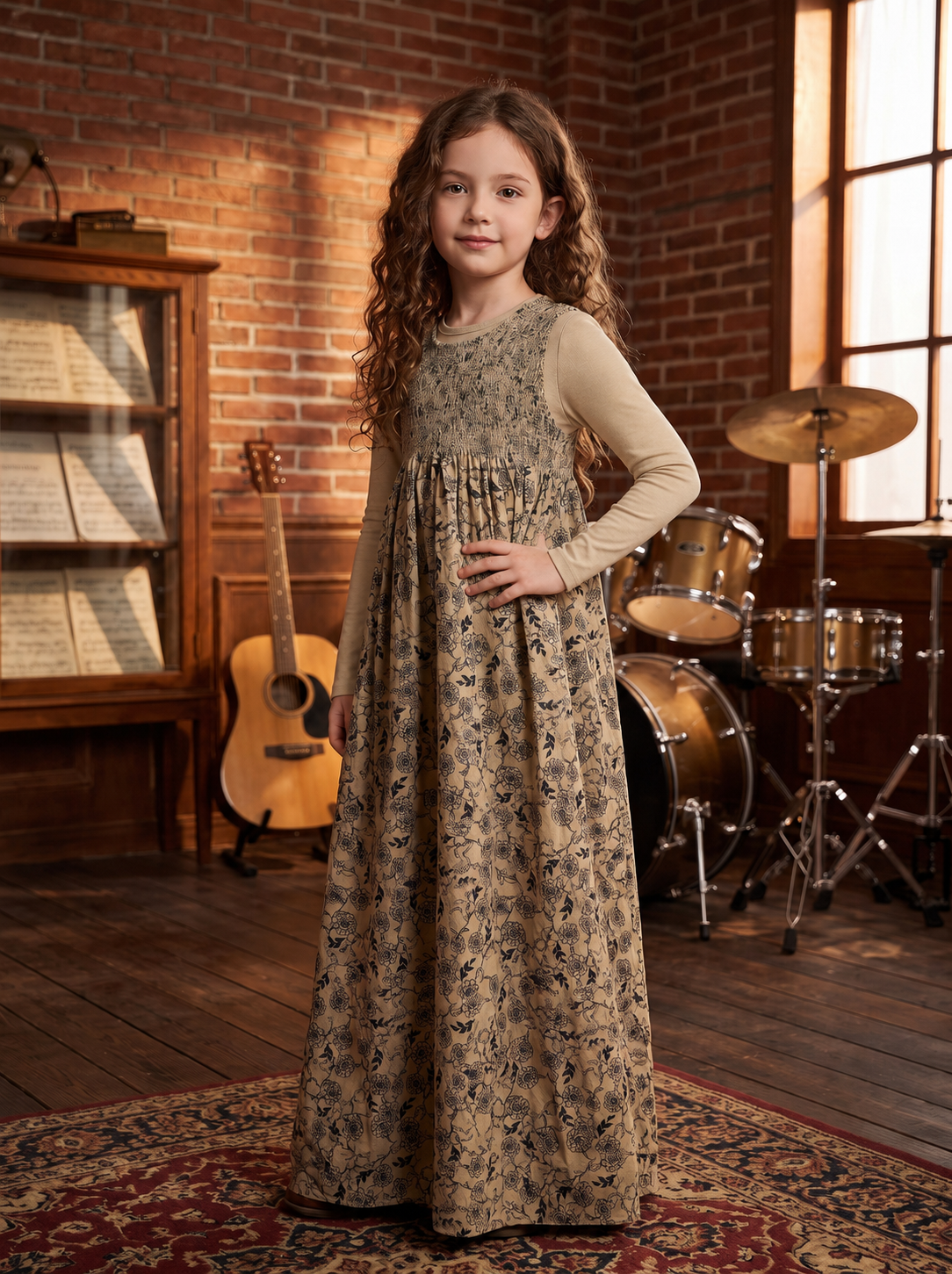 Oat Floral Smocked Maxi Jumper with Shell – 2 PC Set