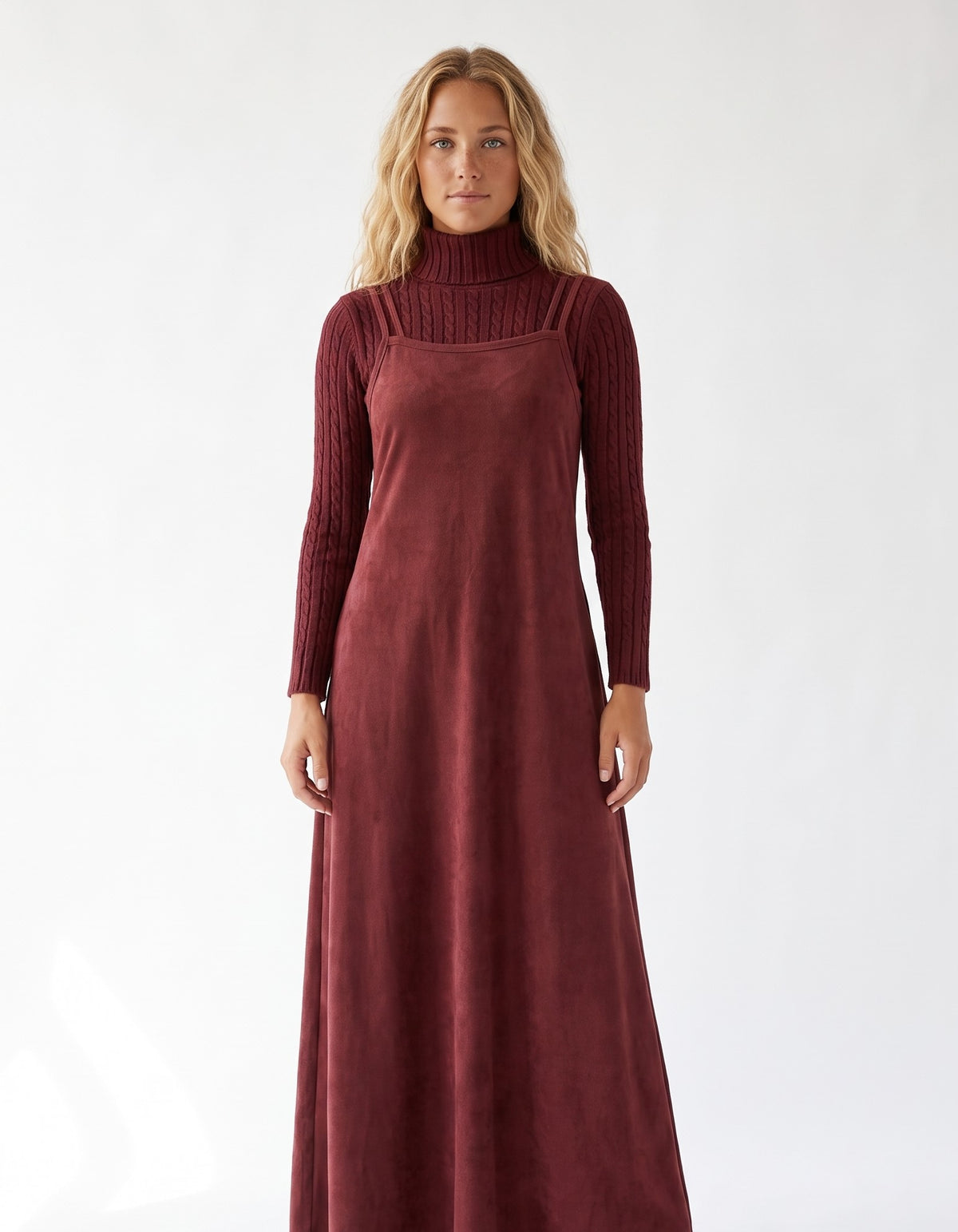 Burgundy Suede Jumper Maxi Dress