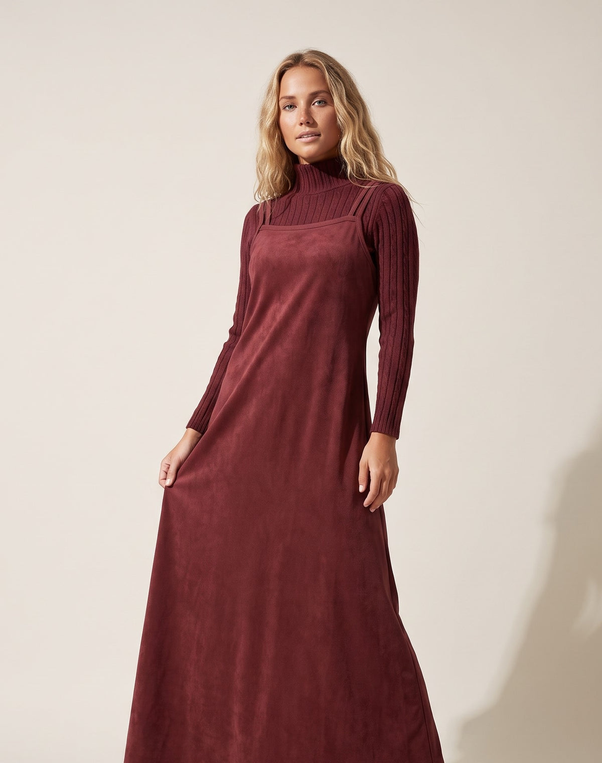 Burgundy Suede Jumper Maxi Dress