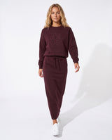 Burgundy drawstring maxi skirt with bow-tie waistband, long straight silhouette