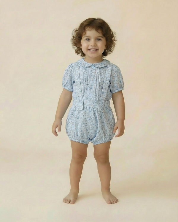 Toddler Girl Pintucked Linen Playwear Bloomer Set Mini Floral Blue