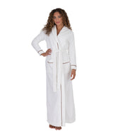 Long Terry Wrap Belted Bathrobe with Hood Piped Trim White Mocha