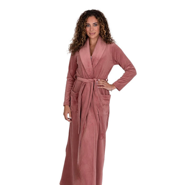 Ultra Soft Plush Velour Belted Shawl Collar Wrap Robe Cinnamon Pink