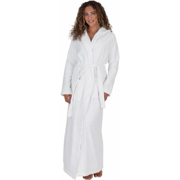 Terry Wrap Long Belted Bathrobe With Hood White