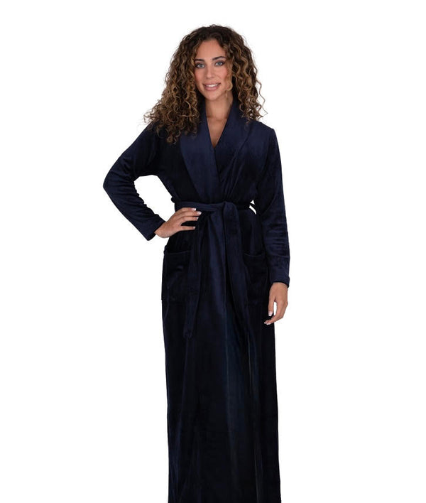 Ultra Soft Plush Velour Belted Shawl Collar Wrap Robe Navy