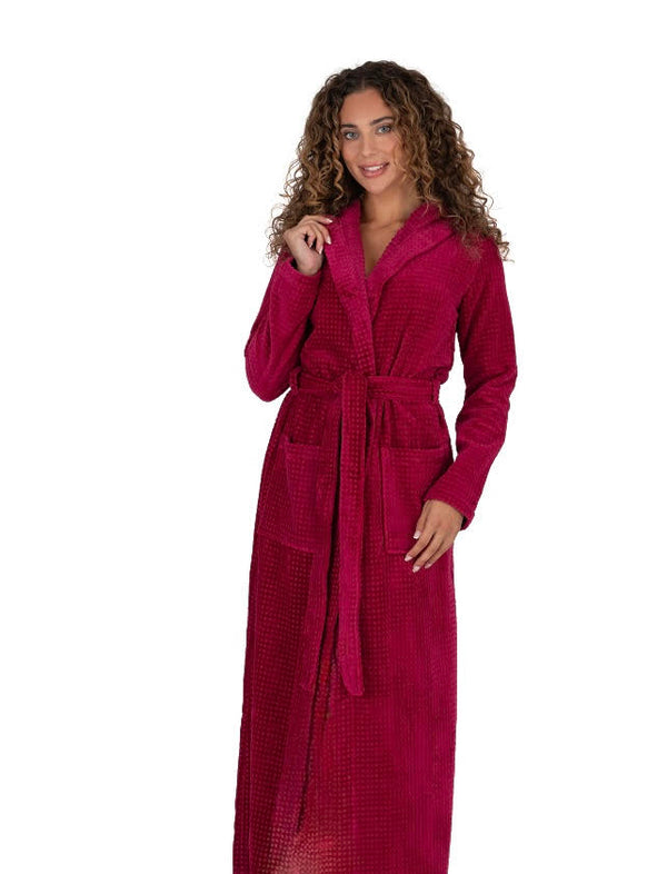 Terry Wrap Long Waffle Textured Belted Bathrobe With Hood Raspberry