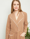 Fleece Belted Wrap Robe with Ivory Edge Trim Beige