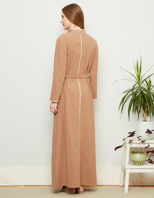 Fleece Belted Wrap Robe with Ivory Edge Trim Beige