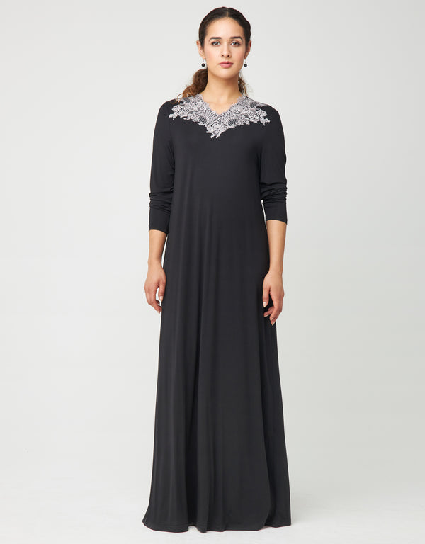 Pull On Nightgown with Contrast Lace Trim Black