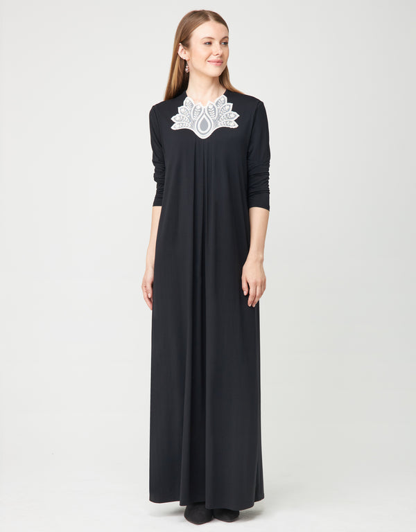 Pull On Layered Nursing Nightgown with Contrast Lotus Lace Trim Black