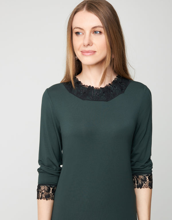 Pull On Nightgown with Contrast Lace Trim Hunter