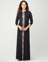 Pull On Nightgown With Animal Print Satin Stripe Black