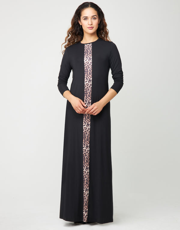 Pull On Nightgown With Animal Print Satin Stripe Black