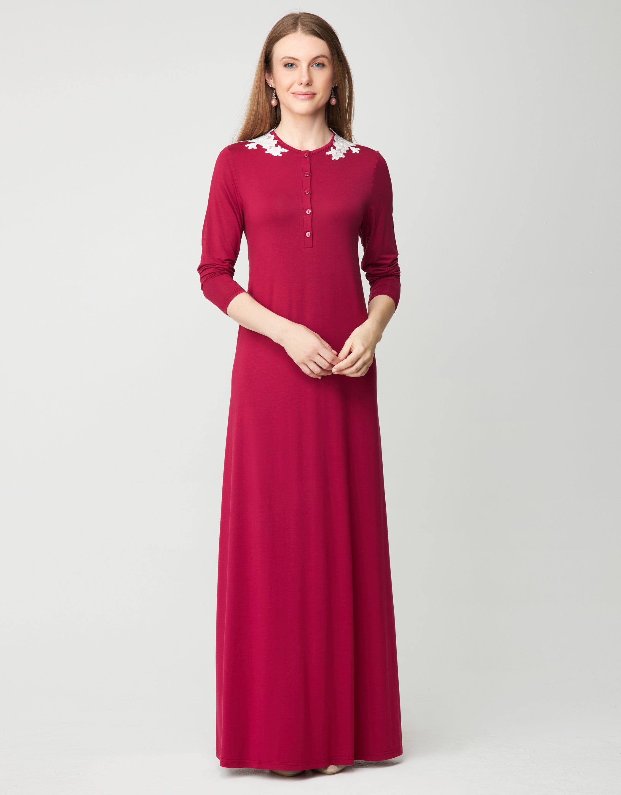Button Front Nightgown with Lace Shoulder Appliqu?? Berry