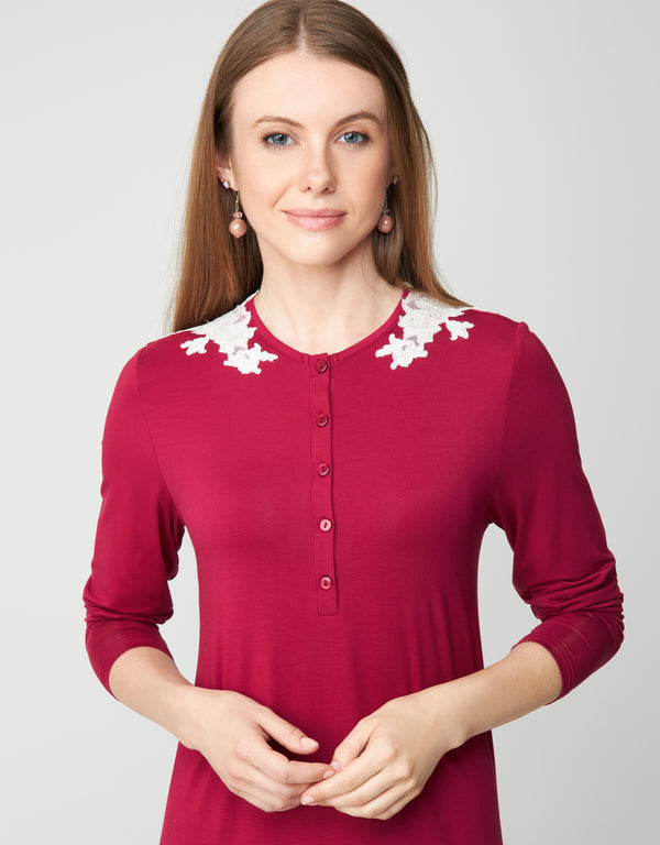 Button Front Nightgown with Lace Shoulder Appliqu?? Berry