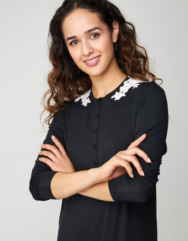 Button Front Nightgown with Lace Shoulder Appliqu?? Black