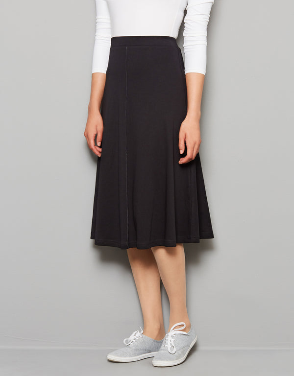 27"-29"-34"-37" Aline Seamed Lightweight Jersey Skirt with Covered Elastic Waistband Black