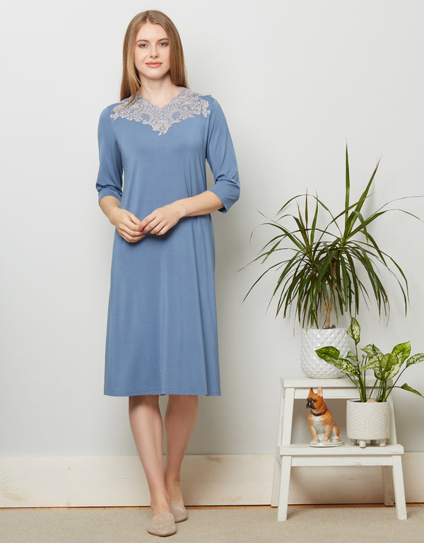 Soft Vneck Nightshirt with Contrast Lace Trim Sky