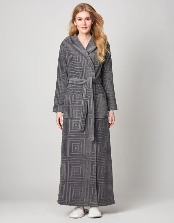 Terry Wrap Long Geometric Belted Bathrobe With Hood Gray