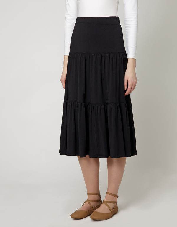 27" - 29" Modal Tiered Skirt with Covered Elastic Waistband Black