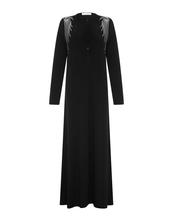 Button Front Nightgown with Shoulder Trim Black