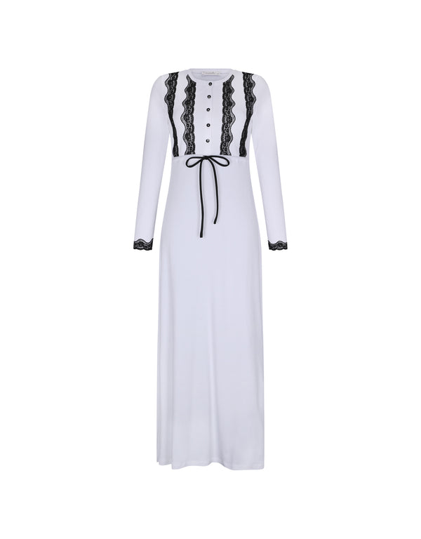 Lace Trimmed Button Nightgown with Drawstring White Black