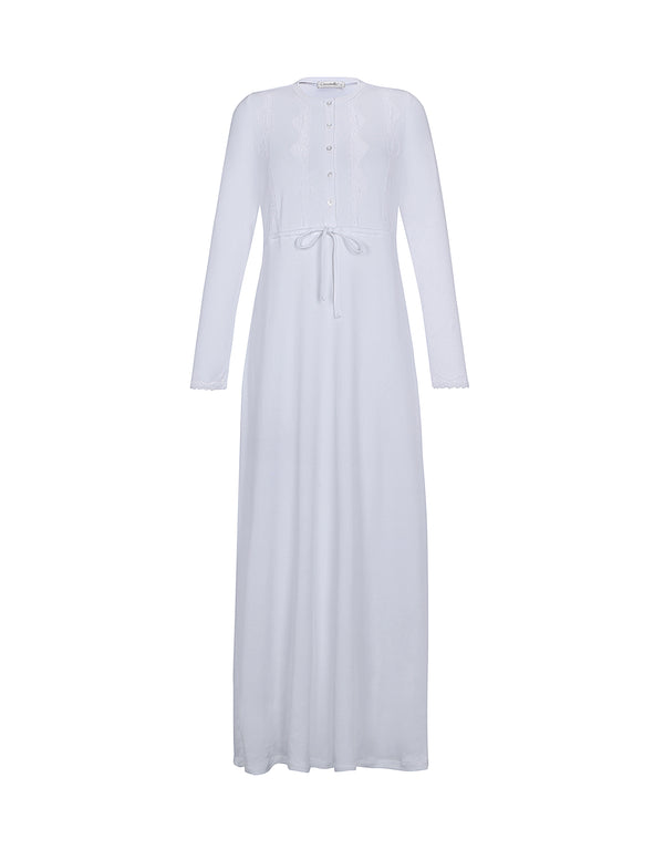Lace Trimmed Button Nightgown with Drawstring White