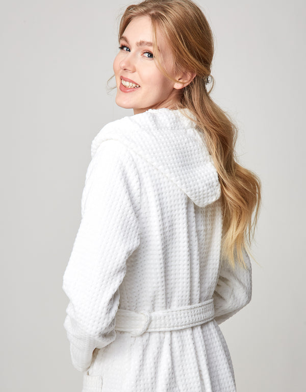 Terry Wrap Long Waffle Textured Belted Bathrobe With Hood White