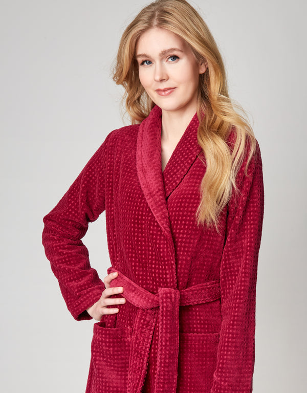 Terry Wrap Long Waffle Textured Belted Bathrobe With Shawl Collar Raspberry