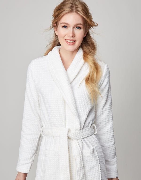 Terry Wrap Long Waffle Textured Belted Bathrobe With Shawl Collar White